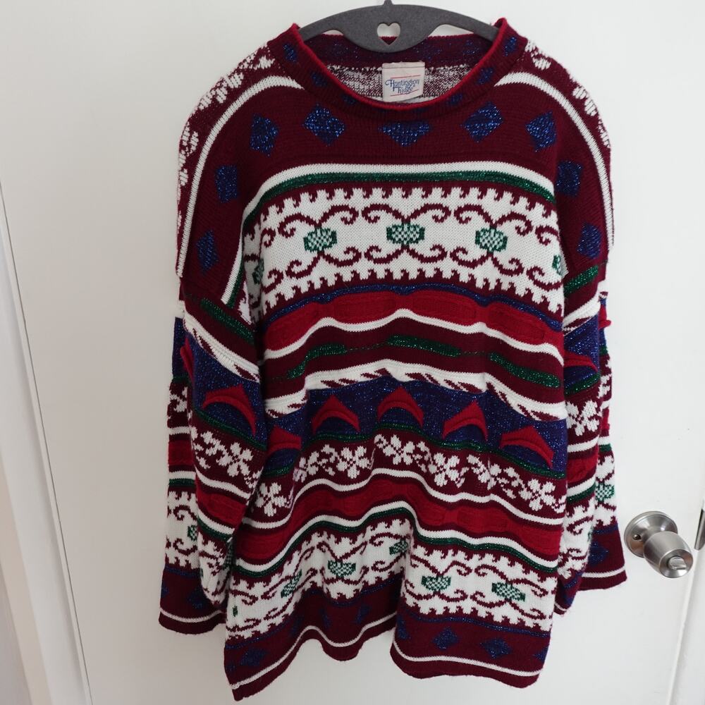 Vintage Huntington Ridge Multi Print Red Sweater Size M Holiday Winter 80s 90s
